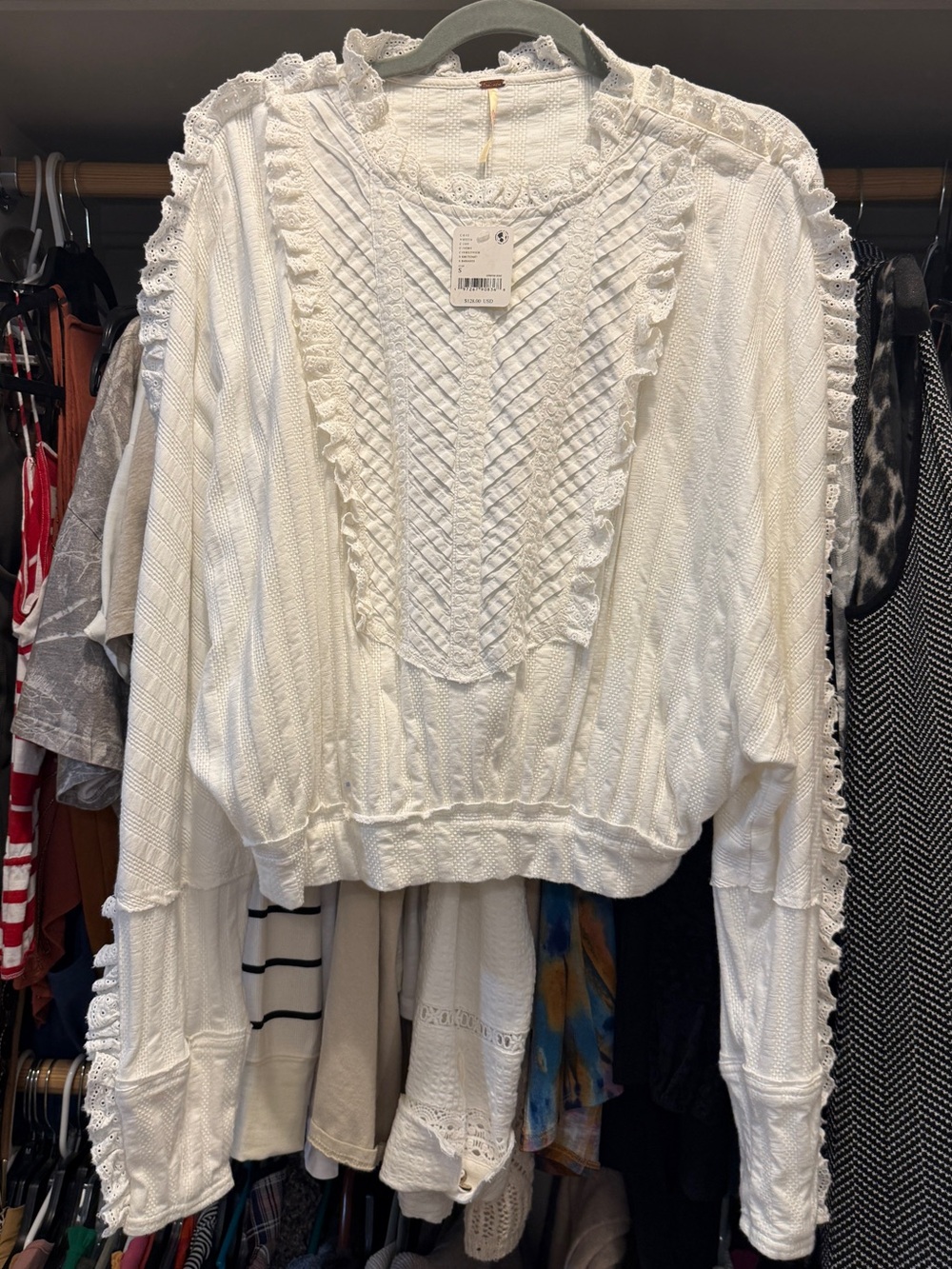Free People White Ruffle-Trim Textured Top